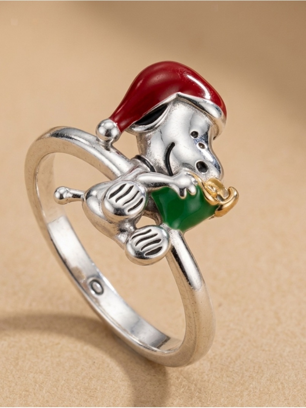 Cute Snoopy Holiday Ring with Red Hat and Green Scarf
